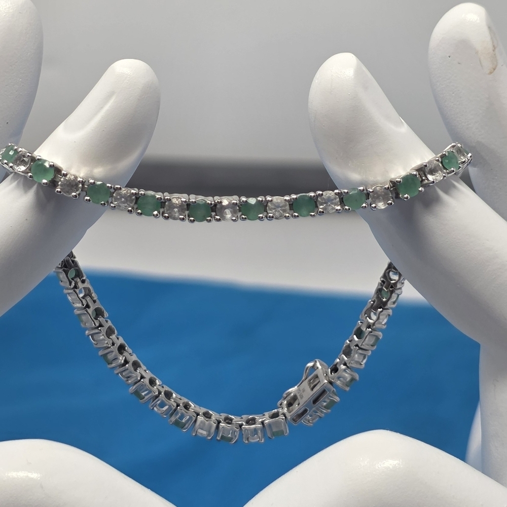 Genuine Emerald And Moissanite Bracelet 7.5 Inch 925 Sterling Silver